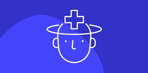 White head with band aid icon suggesting mental health healing on a light and dark blue background