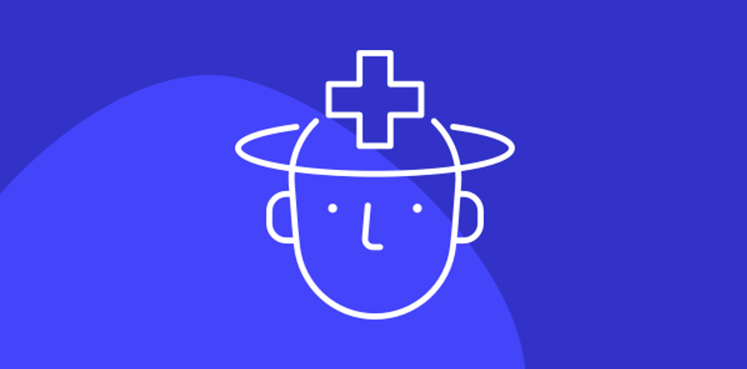 Mindfulness White head with band aid icon suggesting mental health healing on a light and dark blue background