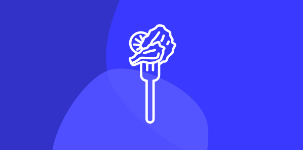 White fork with nutritious, salad-like food icon on a light and dark blue background