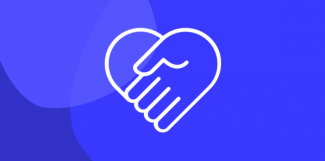 White icon of hands making a heart shape on a blue background